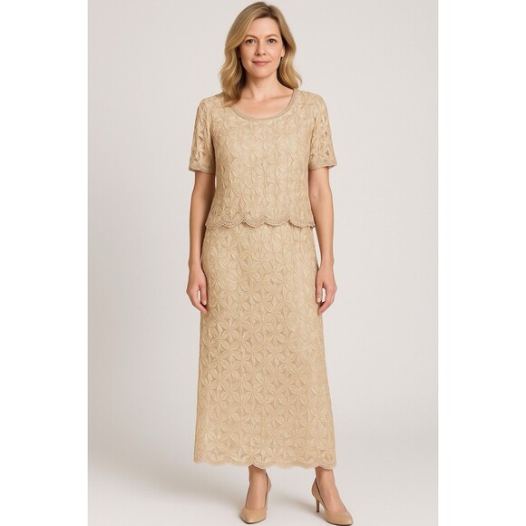 NWT Vtg Scala Dress XXL Cream Beige Lace Sequins Heavy Beading Evening Wedding